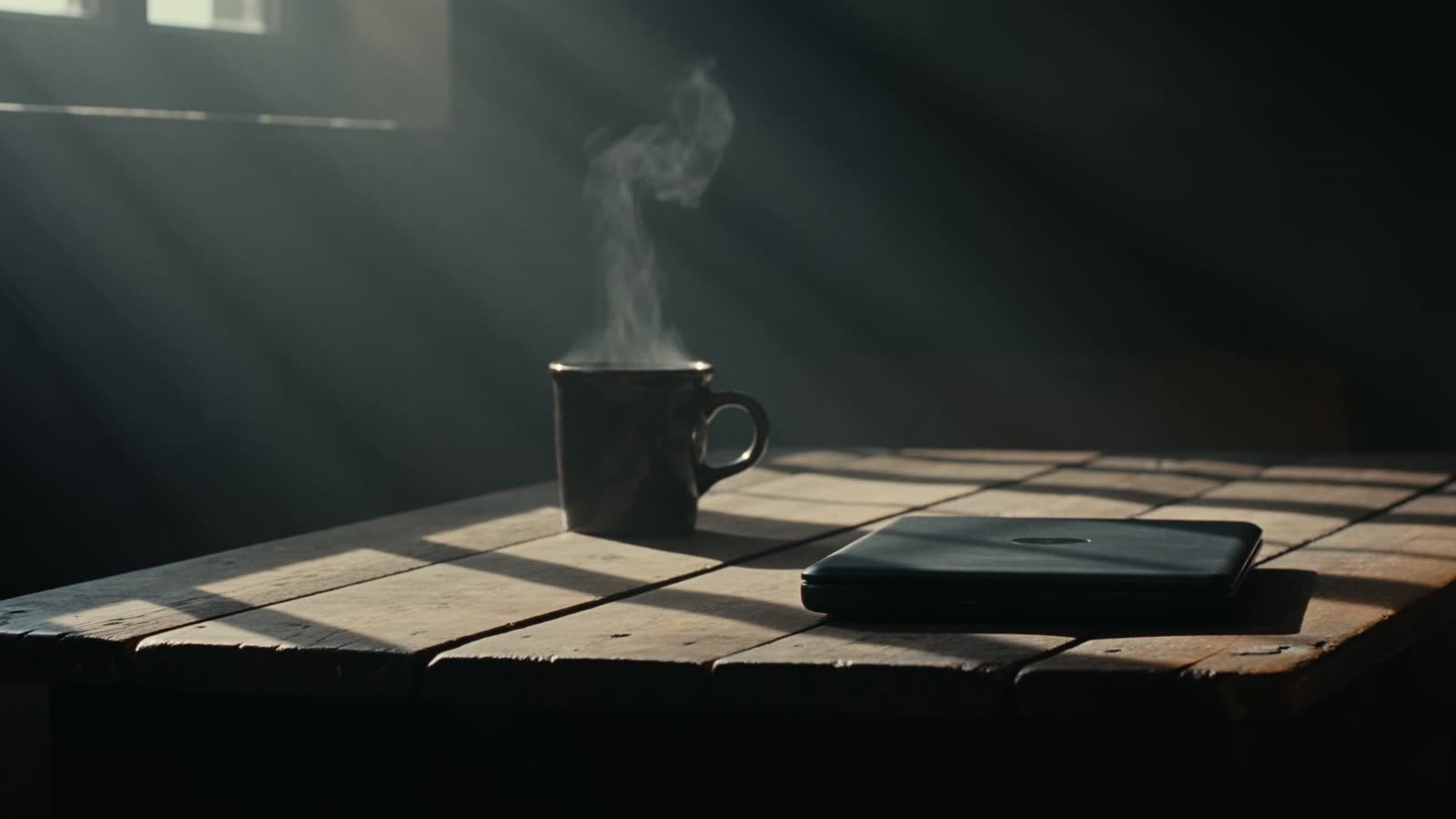 Una mano deja una taza de café humeante sobre una mesa de madera, junto a un portátil cerrado, con la luz de la ventana entrando de lado.