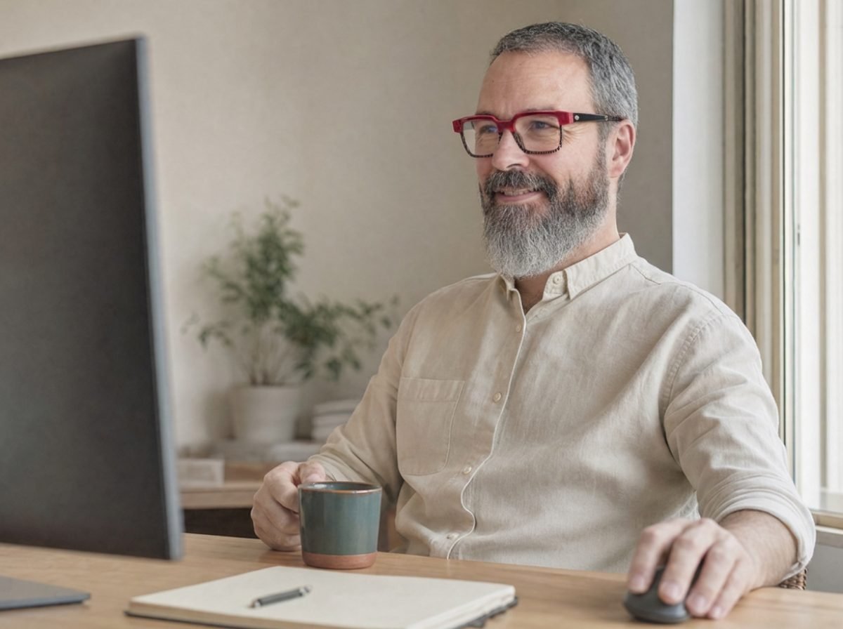 David, sentado a su mesa junto a la ventana con una taza entre las manos, mirando la pantalla y sonriendo.
