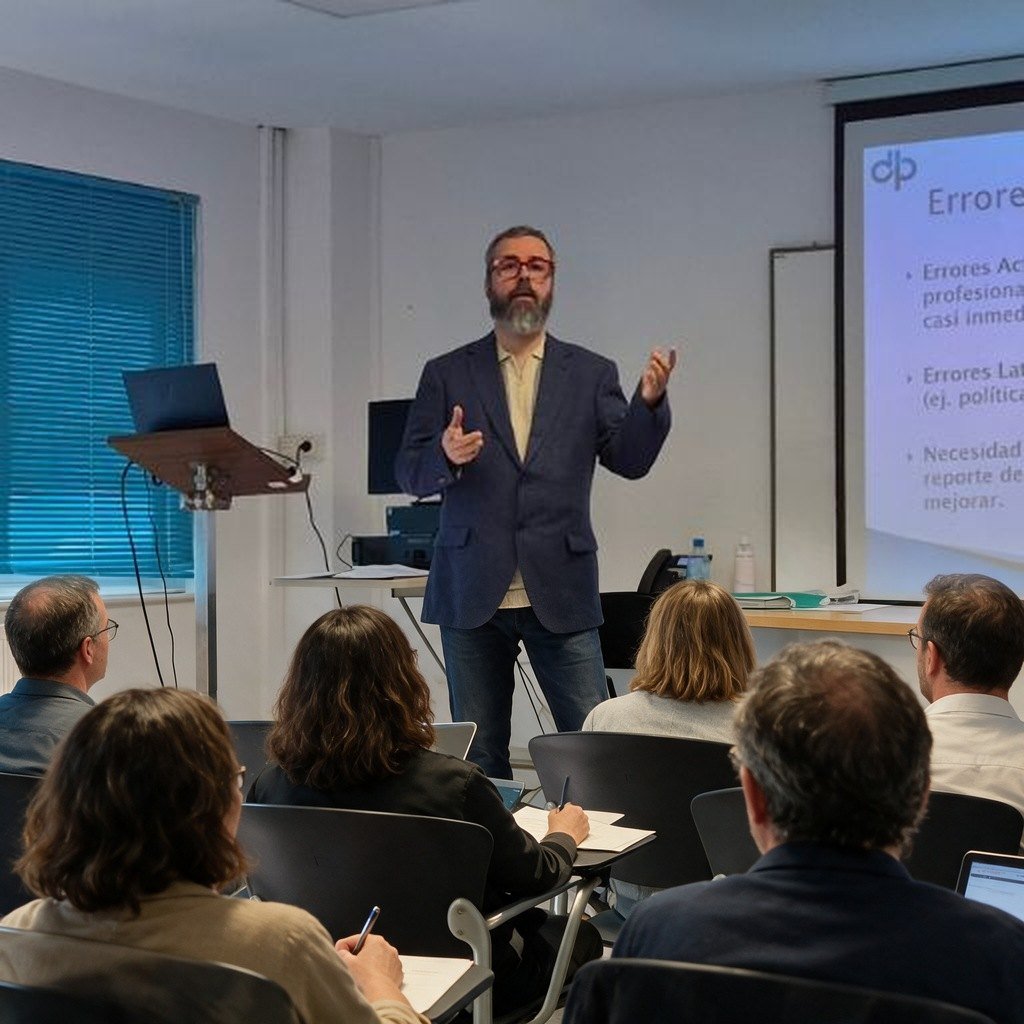David de pie explicando en una sala de formación, con el grupo sentado de espaldas tomando notas.