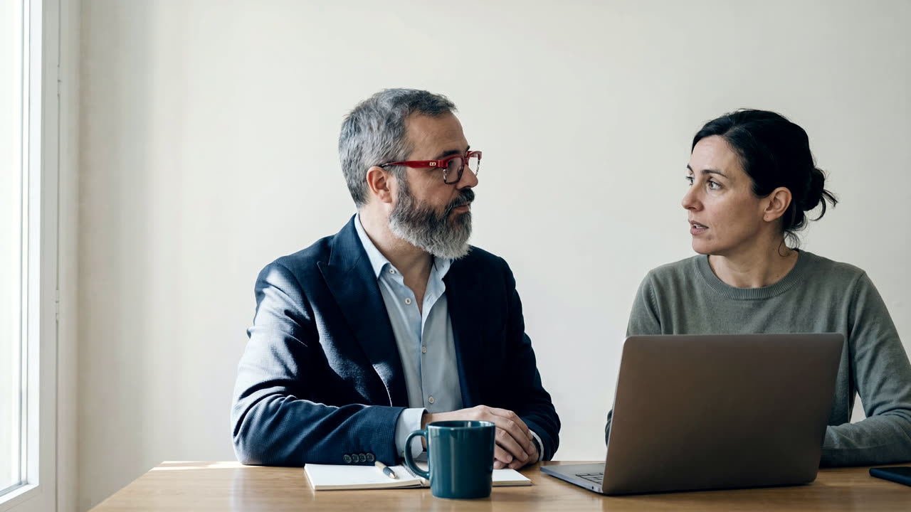 David hablando con una clienta en una mesa de trabajo, señalándole la pantalla de un portátil.